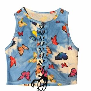 Dolls Kill Blue Butterfly Lace-Up Crop Tank